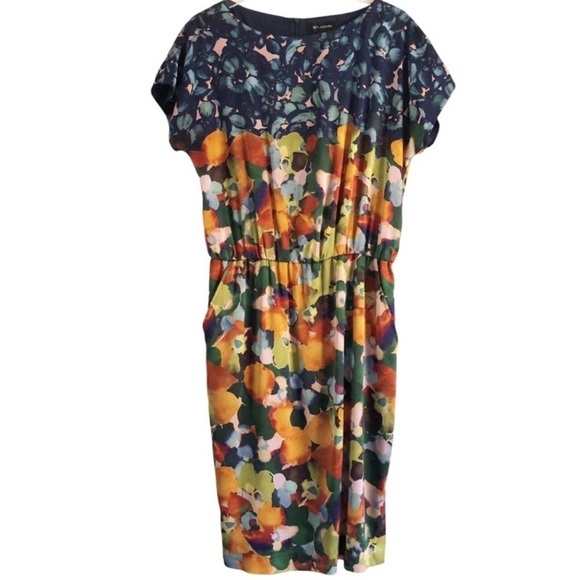 St. John Silk Shift Dress Floral Abstract Color-block Short Sleeve Size 10 - Picture 1 of 13